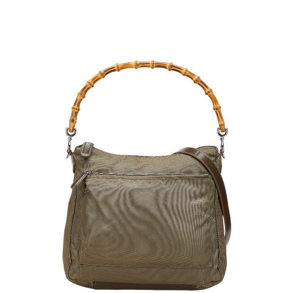 Gucci Leather Green Shoulder Khaki Bag Brown Nylon Bamboo - Picture 1 of 8